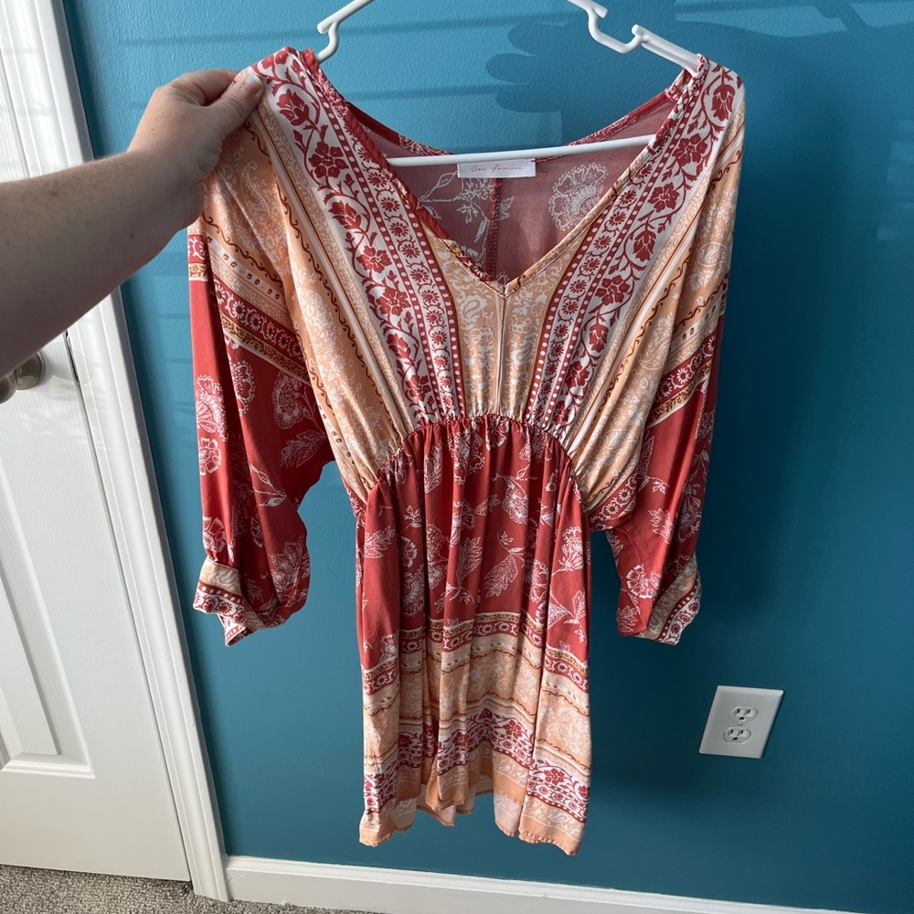 Ces Femme Red and Cream Patterned V-Neck Dress